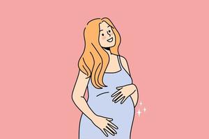 Smiling young woman touching belly excited with pregnancy. Happy pregnant female hold hands caress abdomen. Motherhood concept. Vector illustration.