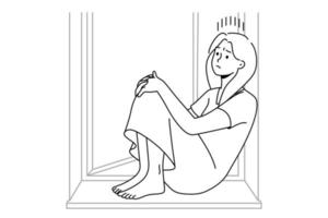 Unhappy woman sit on windowsill suffer from loneliness or solitude. Upset sad girl struggle with depression or mental psychological problems. Vector illustration.