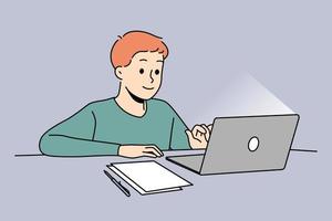 Happy boy child sit at desk studying online on computer. Smiling kid use laptop having remote class at home. Distant education. Vector illustration.