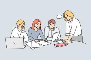 Diverse businesspeople sit at desk in office discuss paperwork at meeting together. Employees brainstorm engaged in teamwork at workplace. Vector illustration.