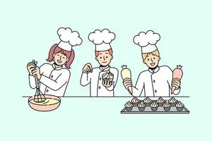Little kids cooks have fun baking together. Smiling small children in uniforms cooking preparing desserts at kitchen. Workshop or future profession. Vector illustration.