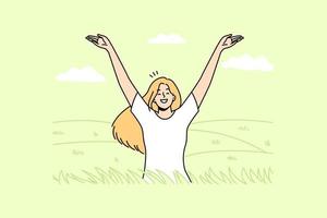 Overjoyed young woman in field feeling joyful and optimistic. Smiling girl relax in summer meadow enjoy mental health and optimism. Vector illustration.