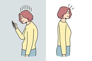 Woman with smartphone bad posture compared with good posture. Back problems. Healthcare and medicine. Vector illustration.