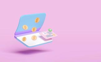 3d open a bank account with proof of ID card, passbook, dollar money coins isolated on pink background. 3d render illustration, clipping path photo