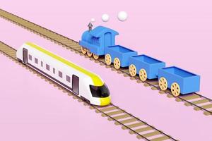 Locomotora 3d, tren bala con vías férreas, juguete de transporte de tren de vapor, planificación de tren turístico aislado en fondo rosa. Ilustración de procesamiento 3D, trazado de recorte foto