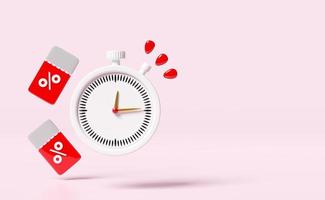 clock alarm, stopwatch with discount sales isolated on pink. price tags coupon, announce promotion news, last minute offer, flat sales shopping, 3d render illustration, clipping path photo