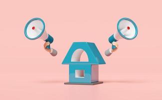 3d house with megaphone, hand speaker isolated on pink background. discount sales icon, promotion news for social media networks, business goal concept, 3d render illustration, clipping path photo
