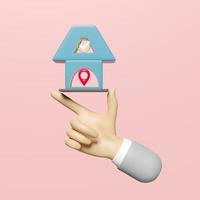 3d blue house with cartoon businessman hands, check marks, tick marks symbols, pin isolated on pink background. idea tip, quality guarantee concept, 3d render illustration, clipping path photo