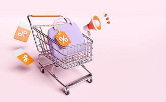 3d bag, discount sales icon for shopping online with shopping cart, megaphone, basket, price tags coupon isolated on pink background. marketing promotion bonuses, 3d render, clipping path photo