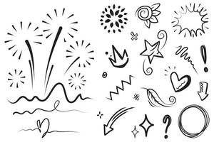 Abstract arrows, ribbons, fireworks, hearts, lightning,love , leaf, stars, cone, crowns and other elements in a hand drawn style for concept designs. Scribble illustration. vector