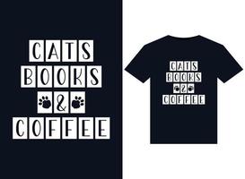libros de gatos e ilustraciones de café para el diseño de camisetas listas para imprimir vector