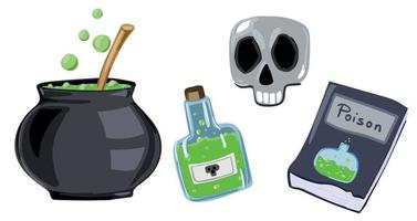 Halloween set. witch's cauldron, poison, skull and book. vector