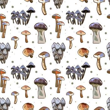 Mushrooms seamless pattern. Cartoon style. Template for design backgrounds, textile, wrapping paper, package. vector