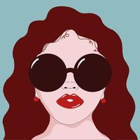 Girl in sunglasses with brown hair, red lips. Illustration of a girl with curly hair on a blue background. Poster, postcard with a woman. vector