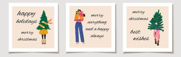 Christmas vector gift card or tag set Girls that are carry christmas tree merry christmas lettering, best wishes.