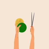 Hands hold balls of yarn and knitting tools. Vector