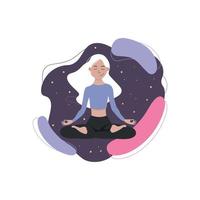 Calm woman with closed eyes and crooked legs meditates in the yoga lotus position. vector
