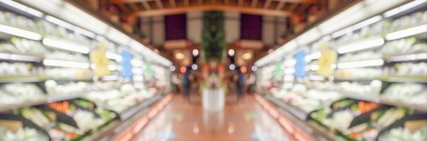 Grocery store shelves with fruits and vegetables blurred background photo