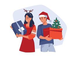 People with gifts. Preparing for the new year, Christmas. Vector image.