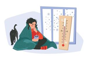 The girl is wrapped in a blanket. The woman is cold in the apartment. The thermometer shows the temperature. Vector image.