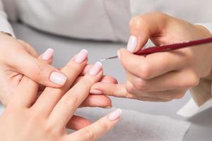 Woman receiving french manicure by beautician photo