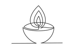 Continuous one line drawing oil lamp, candle burning flame. Black contour line simple minimalist graphic isolated vector illustration. Diwali festival celebration.