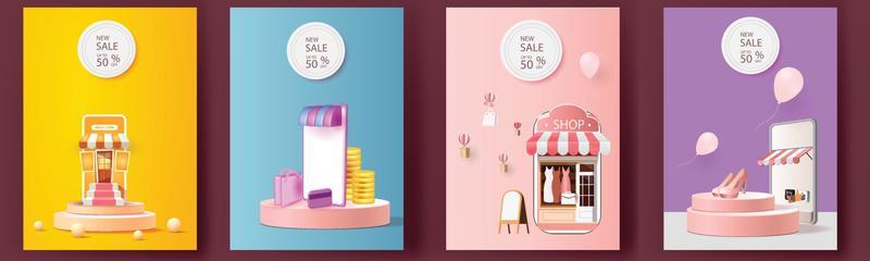 online shopping on phone buy sell business digital  web banner application money advertising payment ecommerce vector illustration search