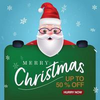 Santa claus holding placard with drop down offer. winter Snow background with drop down offer card vector