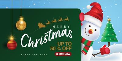 Christmas special offer banner template and greeting banner with reindeer, snowman holding placard doing a thumbs up and snowflakes. vector