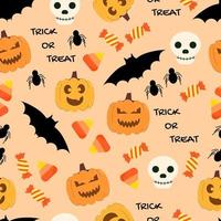 Cute halloween seamless pattern for spooky October and trick or treat theme with jack o lanterns, candies, bats, spiders, and skulls. Pattern on orange background. vector