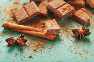 Chocolate broken into slices with cocoa powder and spices on a green background photo