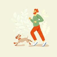 un hombre con barba trotando con un perro. dueño de una mascota. vector