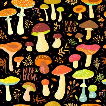 Seamless pattern with a set of various painted mushrooms, leaves, plants and berries. vector