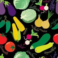 Seamless pattern with hand drawn vegetables. jalapeno peppers, tomato, onion, lettuce, zucchini, corn, radish, eggplant. vector
