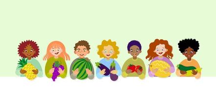 Set of different children holding different fruits and vegetables vector