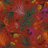 Seamless pattern consisting of pine branches, yellow birch leaves and red berries. vector