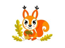Funny squirrel character holding his favorite acorn in his paws, vector illustration
