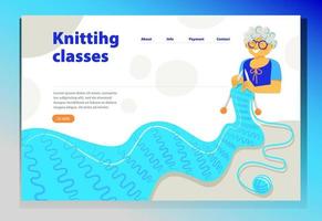 An elderly woman knitting a long scarf. Hobby home illustration concept. Vector website design template.