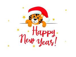 Cute tiger in a New Year's red hat with a pom-pom. Happy new year lettering. vector