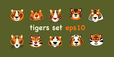 Set of assorted drawn tiger heads vector