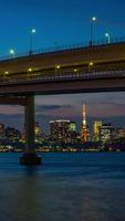 stadsgezicht van tokyo horizon, verticaal tijd vervallen video van kantoor gebouw Bij tokyo baai in de avond. Japan, Azië.