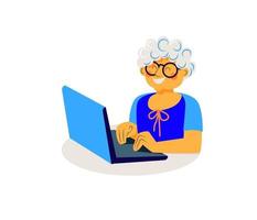 An elderly lady is sitting at a table on a white background. vector