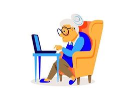 A cute old woman sits in an armchair and works on a laptop at home. vector