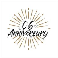 06 years anniversary retro vector emblem isolated template. Vintage logo with ribbon and fireworks on white background