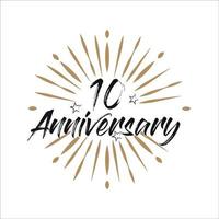 10 years anniversary retro vector emblem isolated template. Vintage logo with ribbon and fireworks on white background