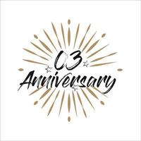 03 years anniversary retro vector emblem isolated template. Vintage logo with ribbon and fireworks on white background
