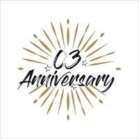 03 years anniversary retro vector emblem isolated template. Vintage logo with ribbon and fireworks on white background