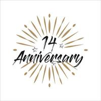 14 years anniversary retro vector emblem isolated template. Vintage logo with ribbon and fireworks on white background