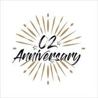 02 years anniversary retro vector emblem isolated template. Vintage logo with ribbon and fireworks on white background