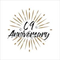 09 years anniversary retro vector emblem isolated template. Vintage logo with ribbon and fireworks on white background